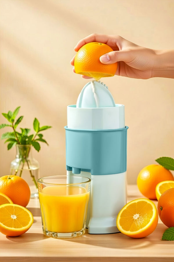 Person using a manual juicer to extract juice from oranges on a wooden table.