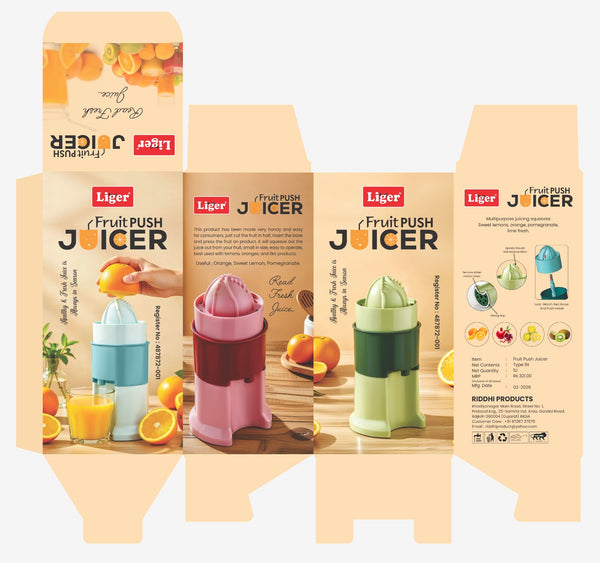 Liger Fruit Push Juicer packaging with product images and text on a beige background