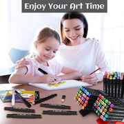Woman and child with art supplies and markers, text 'Enjoy Your Art Time'.