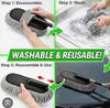 Washable and reusable car cleaning brush with step-by-step instructions on a white background