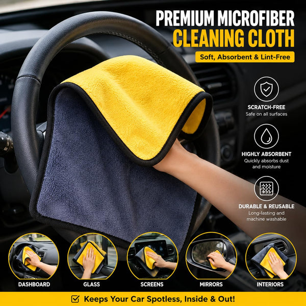 Premium microfiber cleaning cloth being used on a car interior with features highlighted.