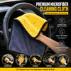 Premium microfiber cleaning cloth being used on a car interior with features highlighted.